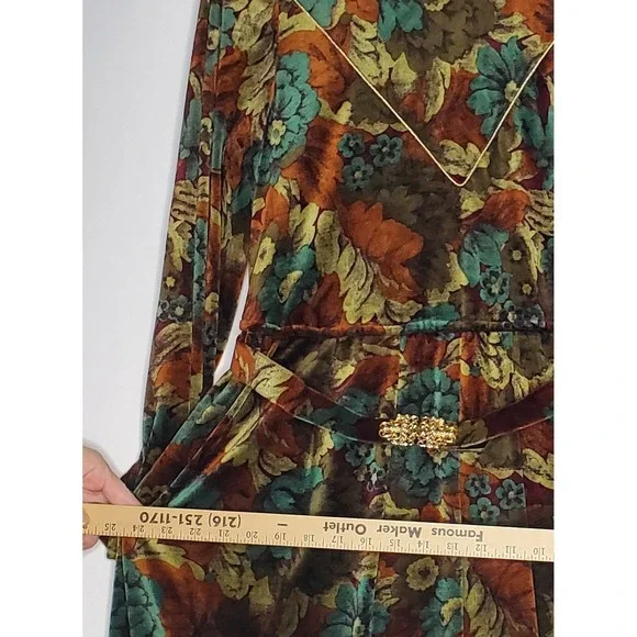 Vintage Floral Velvet Midi Dress 8 Long Sleeve Pleated Gold Buckle Lined70s - Picture 11 of 12